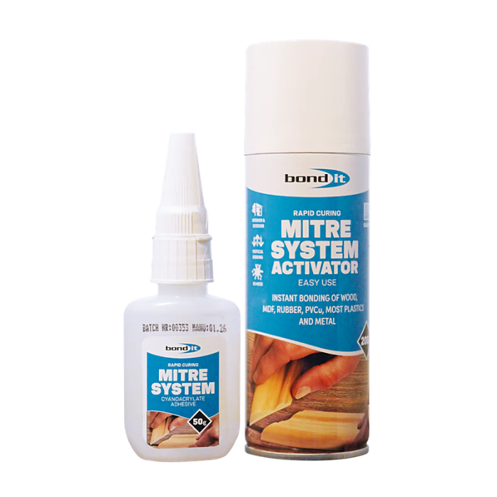 Bond it Mitre Kit Adhesive Bonding Activator 200ml + Super Glue 50g BDMI