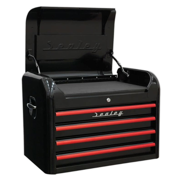 Sealey Topchest Tool Chest 4 Drawer Retro Style Black with Red Anodised Drawer Pulls AP28104BR