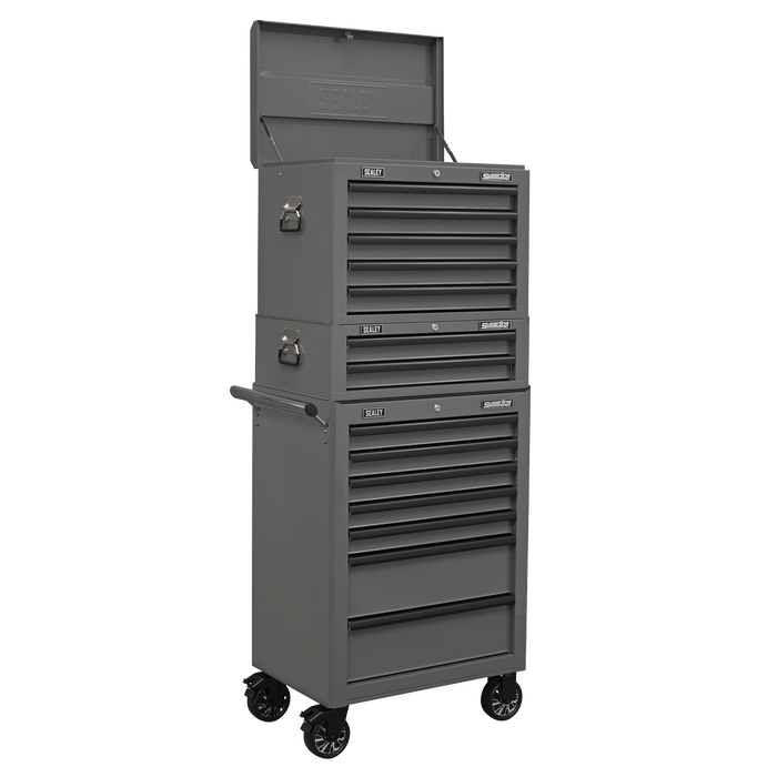 Sealey Topchest, Mid-Box & Rollcab Combination 14 Drawer with Ball-Bearing Slides - Grey APSTACKTGR