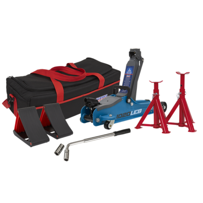 Trolley Jack 2 Tonne Low Entry Short Chassis & Accessories Bag Combo - Blue 1020LEBBAGCOMBO